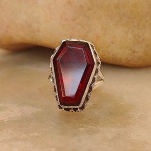 Garnet Gemstone Coffin Ring with Red Gem